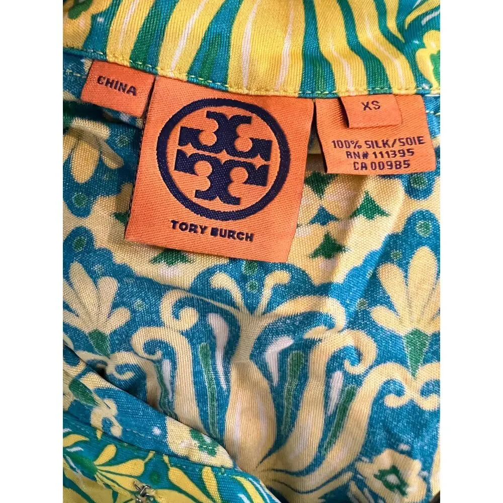 Tory Burch Silk Tunic Top Beaded Embellished neckline Green Yellow XS
